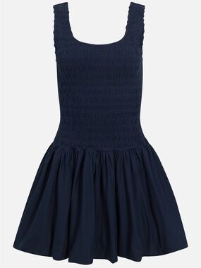 Pistola Ilona Bubble Hem Smocked Cotton Mini Dress in Navy Peacoat Sleeveless M
